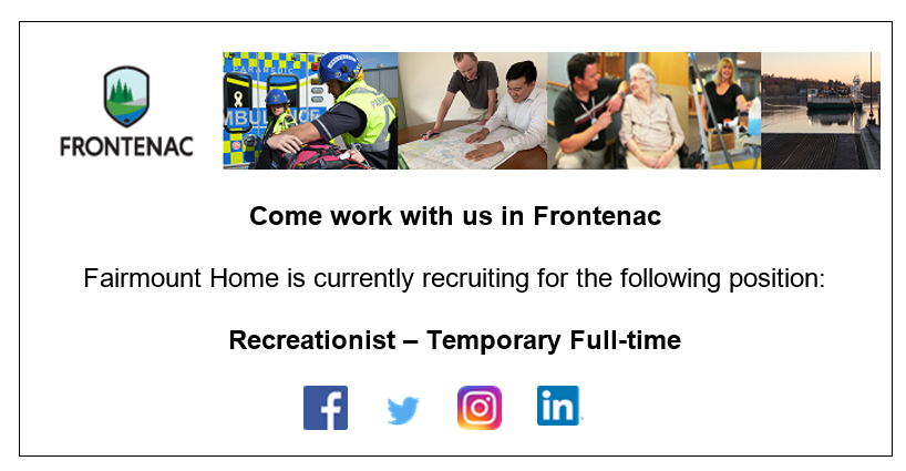 FrontenacCounty's tweet photo. Come work for us at #FairmountHome, our long-term care home. We are recruiting for a Temporary Full-Time Recreationist
For details on all available opportunities and how to apply visit our careers section at https://t.co/0XO2HpZkDe
#FrontenacRecruits https://t.co/QzlgDeSxaD