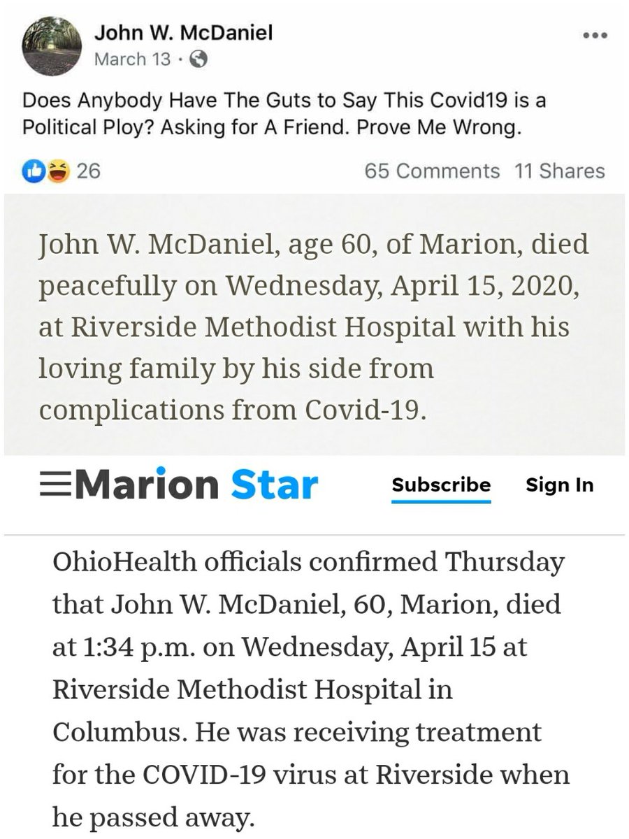 Just like Karen Kolb Sehlke, John W. McDaniel dismissed COVID-19 as a "political ploy," shortly before dying of  #COVID19. If you're still "skeptical" that people like Karen & John don't exist or their deaths are "hoaxes," you're part of the problem. Stop enabling death.  #StaySafe  https://twitter.com/sunnmcheaux/status/1246340425893453825