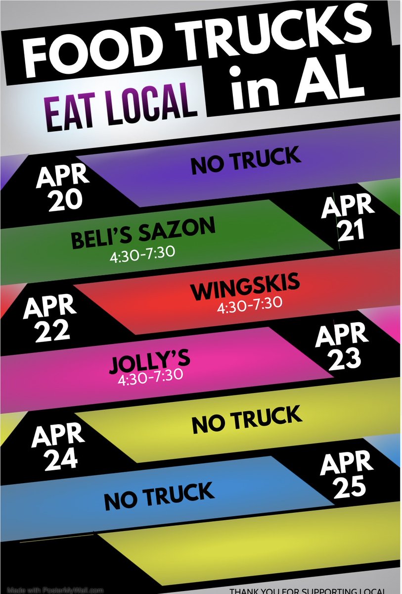FOOD TRUCKS ARE COMING! The trucks will be set up in the parking lot of the Community Center.

Note: This will be GRAB and GO only, there will be no onsite eating. Please remember to not congregate in the parking lot and leaving plenty of space between yourselves in line.
