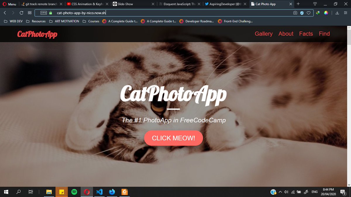Day 22 of  #100DaysOfCode-finished my rendition of  @freeCodeCamp 's catphotoapp( https://cat-photo-app-by-nico.now.sh )-2nd try of the 4 feature card from frontend mentors-did another challenge from frontend mentors-and started the book Eloquent Javascript