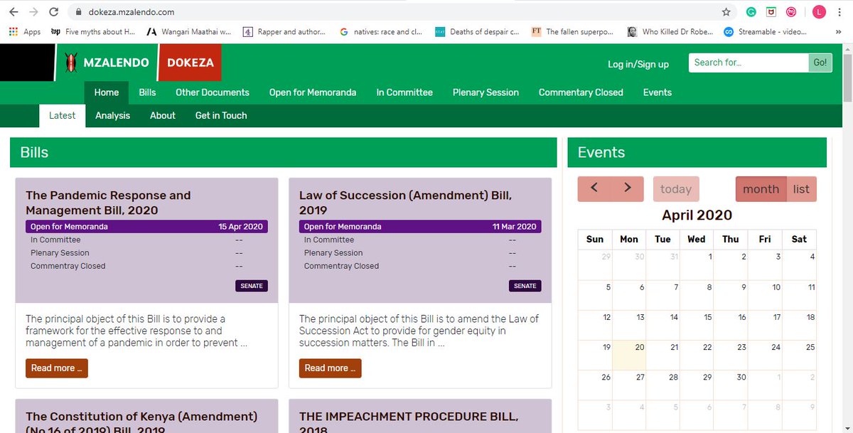 2. This will lead you to the homepage where you will find several tabs: Home, Bills, Other Documents, Open Memoranda, In Committee, Plenary Session, Commentary Closes and Events. Just above "Events", at the top right click on "Login/Sign up"  #Dokeza  #PublicParticipationKE
