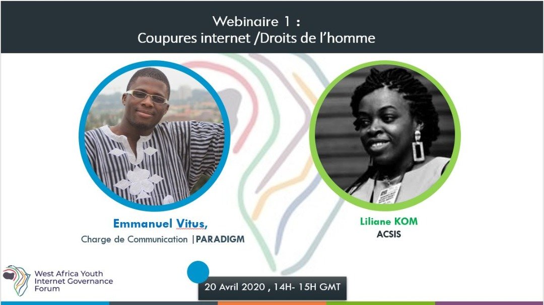 ParadigmHQ's tweet photo. 📢Rejoignez-nous dans 60 min pour un webinaire sur le thème  coupures d'Internet &amp; Droits de l’Homme. 

Conférenciers : @emmavitus &amp; @lilianekom 

⏰ : Lundi 20 Avril 2020 à 14H00 GMT

💻: Lien Zoom https://t.co/8rNeKIw0jo
#WAYIGFSummit2020 https://t.co/zPBsySWp3R