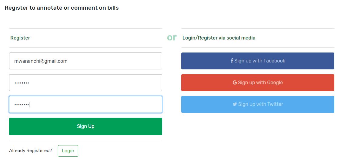 3. Register with your email and password or sign up with your social media accounts (Facebook, Twitter or Gmail)  #Dokeza  #PublicParticipationKE