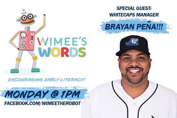 Wimeetherobot's tweet photo. Today at 1 pm @Wimeetherobot will be asking questions submitted by kids to new @wmwhitecaps coach Brayan Pena @cuban2727 join us live at https://t.co/FX4OAcMAat we are talking #baseball #reading &amp; telling stories @FOX17 @MLive @MarandaTV @tigers @startgarden @grkids https://t.co/QDCWaloDeu
