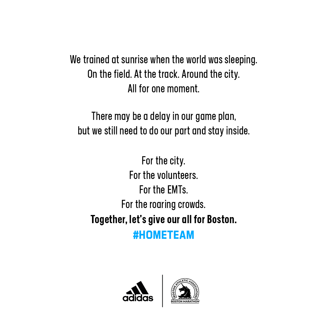 adidasrunning's tweet photo. The #BostonMarathon course may be empty today, but our spirit has never been stronger. Here’s to 9.14.20. #HOMETEAM https://t.co/aNpXoECl23