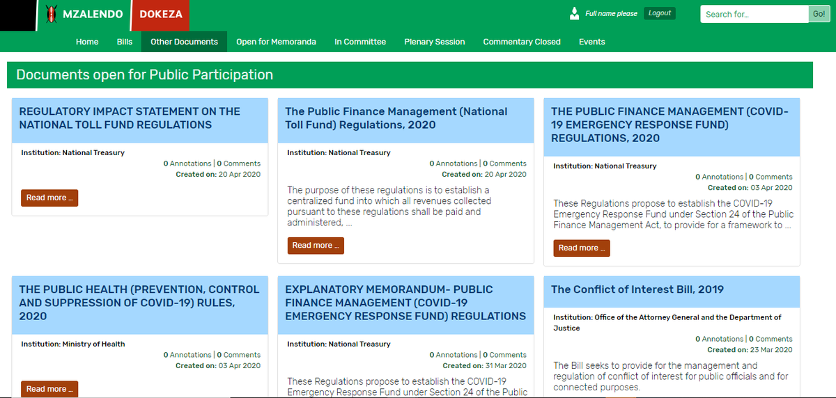 7. If you're interested in other legislative proposals such as the recent PFM (National Toll Fund) Regulations, 2020 then click on the "Other Documents" tab right next to "Bills" #Dokeza  #PublicParticipationKE