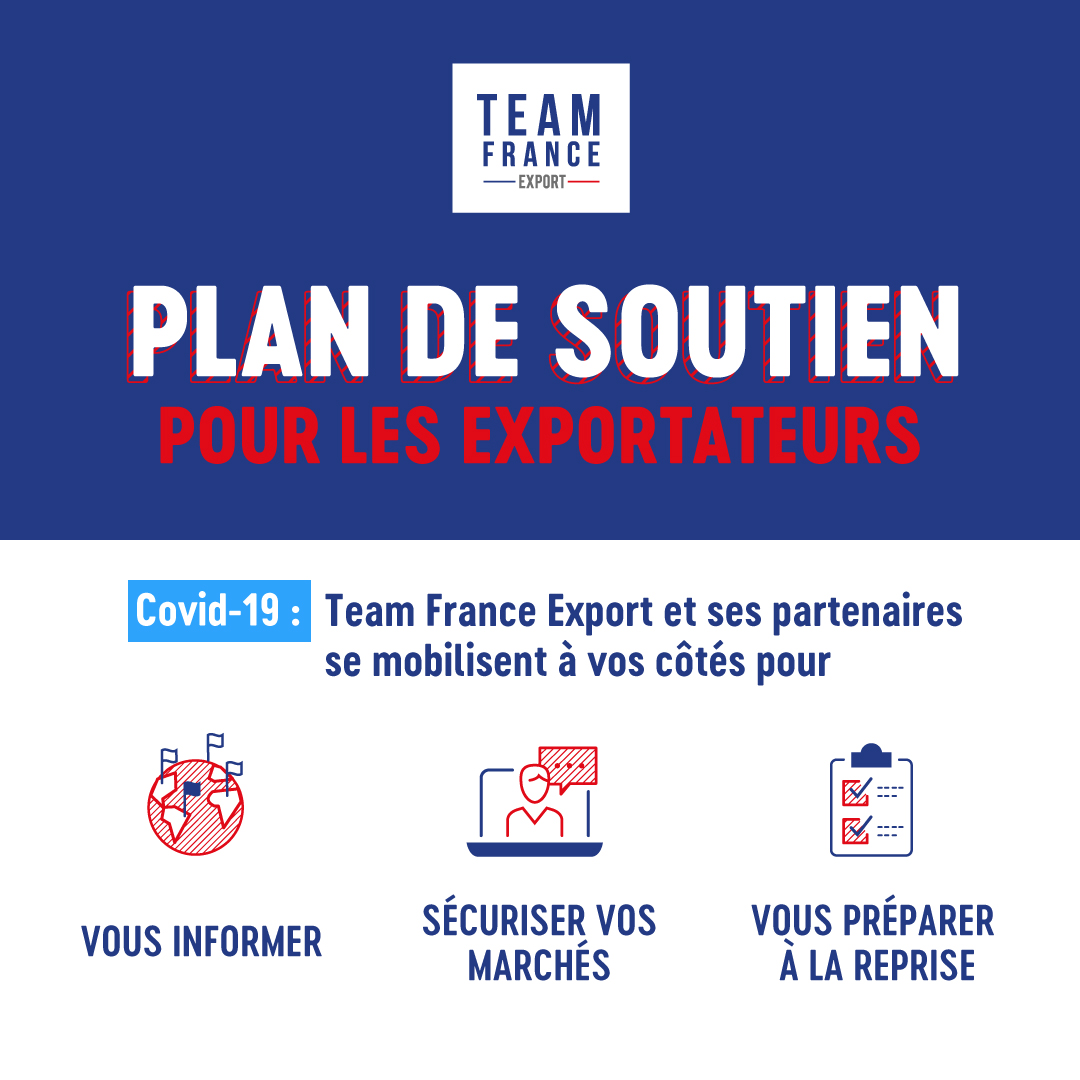 #COVID19 : Votre activité #Export est fortement impactée? La #TeamFranceExport et ses partenaires se mobilisent avec un plan de soutien opérationnel adapté. Ce dispositif 100% dématérialisé répond à 3 besoins clés: vous informer, sécuriser vos marchés, vous préparer à la reprise.
