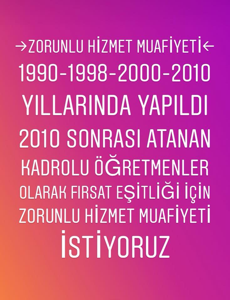 #ZorunluHizmet yükümlüleri #adalet istiyor. Sayın <a href="/ziyaselcuk/">Ziya Selçuk</a> bu adaleti sağlama iradesi sizdedir.
Üzmeyin öğretmenlerimizi. Muafiyetin TamZamanı
<a href="/msmdgsn/">Mustafa Dağaşan</a> <a href="/maarifsen/">Mil Maarif-Sen</a> <a href="/omerinan06/">Ömer İNAN</a>