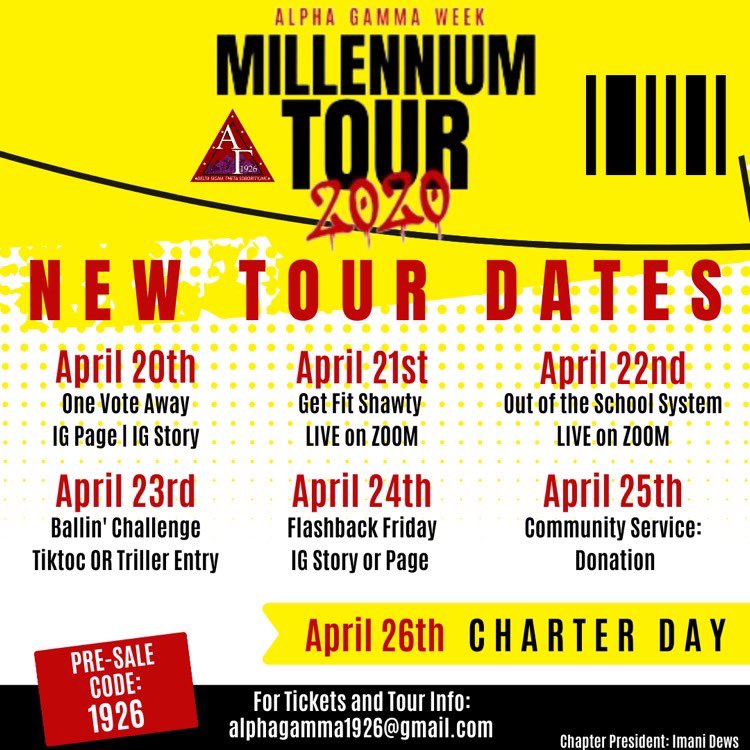 🎼The Millennium Tour🎼
Join the ladies of The Alpha Gamma Chapter of Delta Sigma Theta Sorority, Incorporated for our virtual Alpha Gamma Week. You won’t want to miss this tour! #StayHome #AlphaGammaWeek2020 #DST
Follow us on instagram <a href="/alphagamma_dst/">Alpha Gamma DST</a>