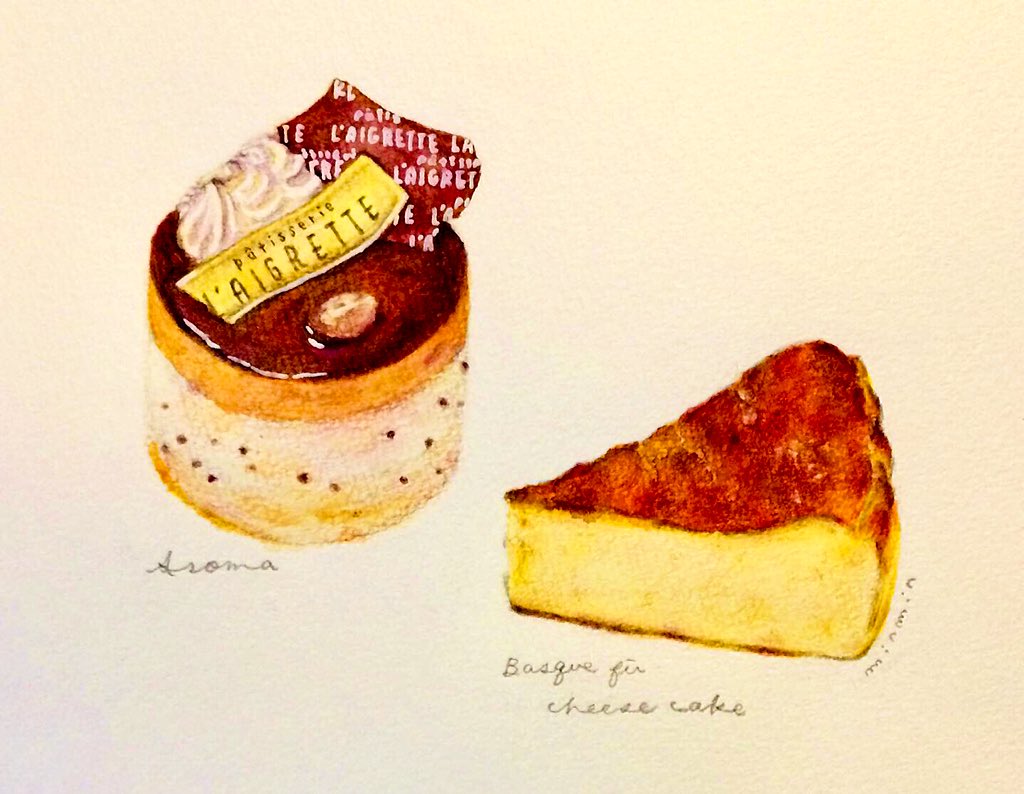 Minmin 在 Twitter 上 同じく パティスリーレグレットさんの バスク風チーズケーキ 焦げ目のシワは今後の課題 とにかく なめらか濃厚 絶品です 水彩イラスト 水彩色鉛筆イラスト 食べ物イラスト おやつイラスト おやつスケッチ ケーキイラスト