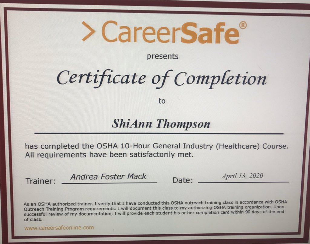 LisaSHydeCTE1's tweet photo. Congratulations 🎈 ShiAnn on earning your Healthcare OSHA certificate. Mrs. Jessica Mooney has done an excellent job of preparing students with knowledge within the Healthcare Field #HydeCTE https://t.co/C5FO2JYgsW