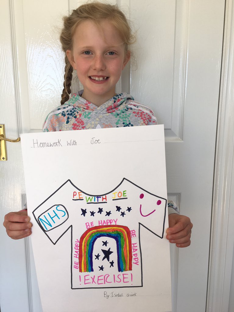 Quirkygem's tweet photo. @thebodycoach Isobel Quirk, age 8 from the Isle of Man with her tshirt design! #homeworkwithJoe https://t.co/knvlKxIAWu
