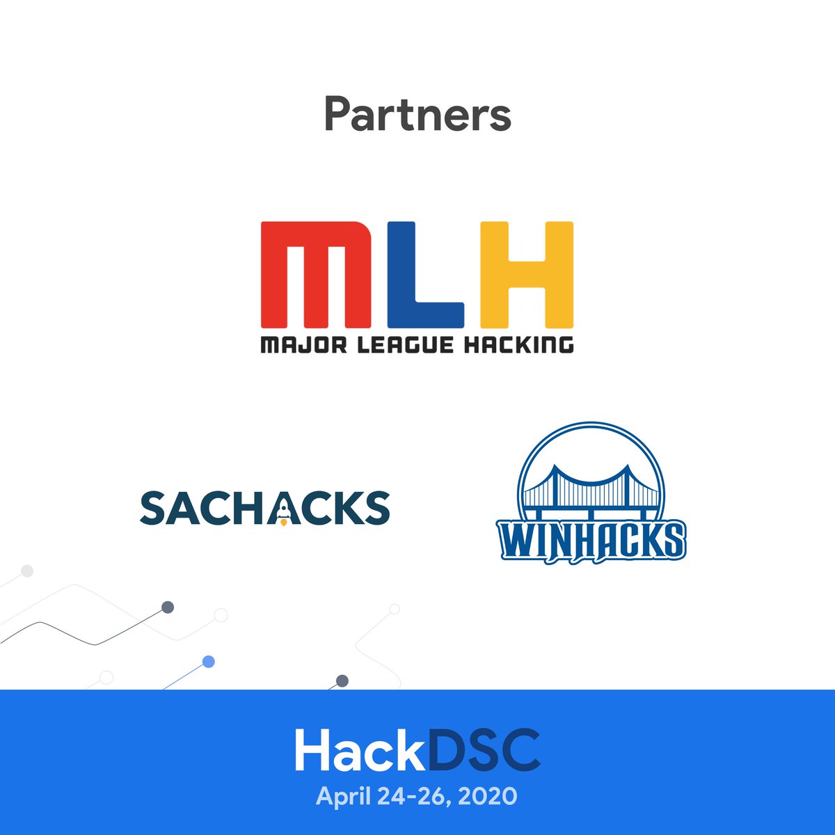 HackDsc's tweet photo. @HackDsc is happy to announce @MLHacks @SacHacks2020 and @WinHacksCA as the official partners for our hackathon this year. Register at https://t.co/gtjEsH3BtD to attend workshops about Google Cloud, ML, and GCP. Get a chance to be mentored by Googlers. https://t.co/lWtiEIg7RZ