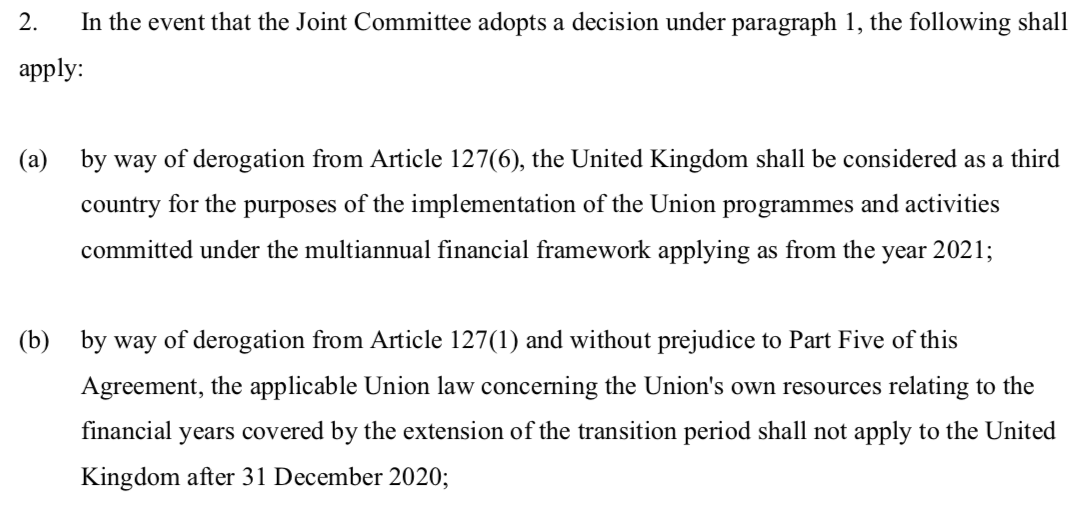 2/ Here's our old friend Art 132 of the Withdrawal Agreement again, making clear the UK will be outside the EU's next long-term budget (MFF). So the transition payment would not be based on the UK's current contribution to the EU budget and the rebate doesn't come into it either.