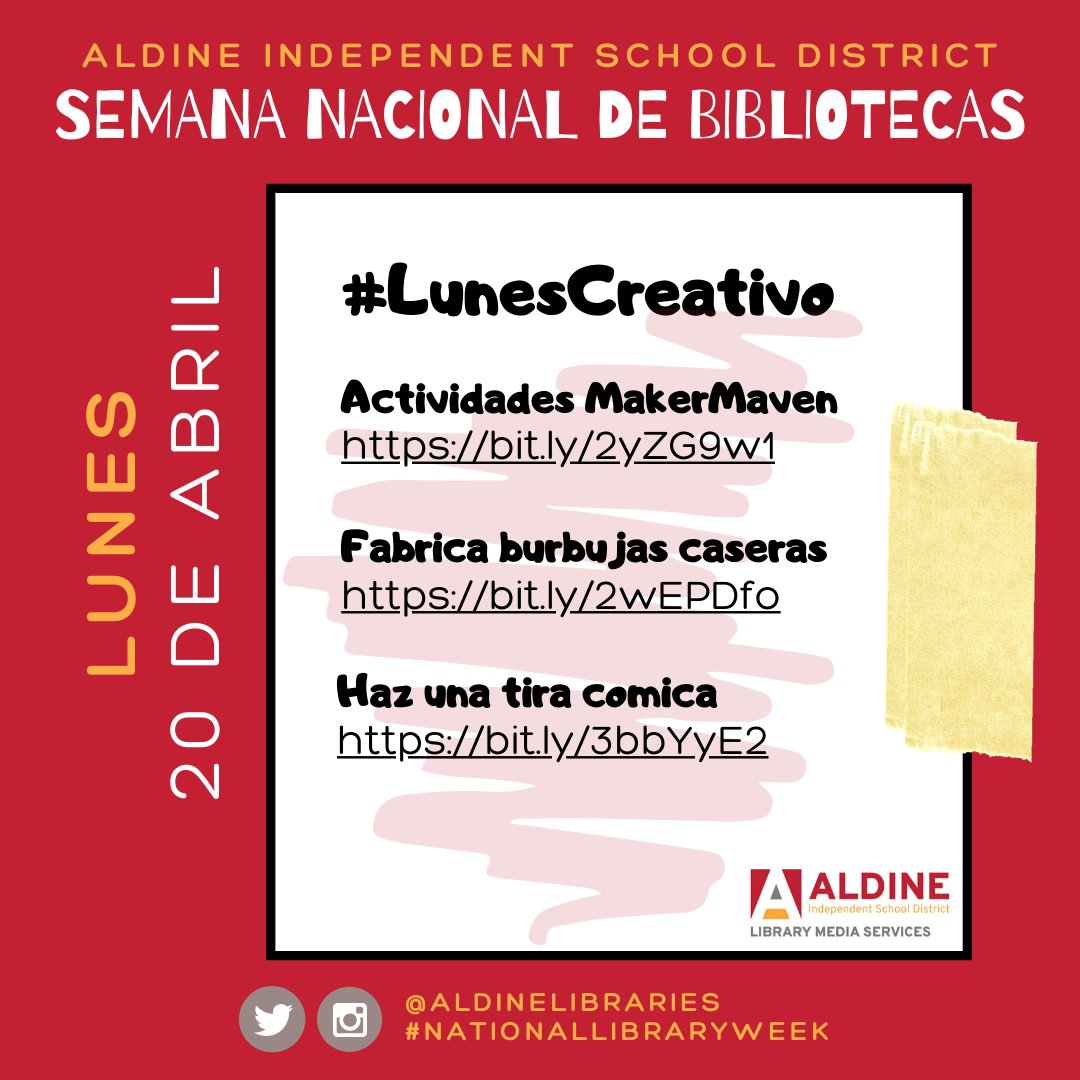 AldineISD's tweet image. Today is #MakerMonday! Please share your daily National Library Week activities with us by tagging your videos and photos with #AISDNationalLibraryWeek and #AldineAtHome. Read More: ow.ly/BV6I50zilSd