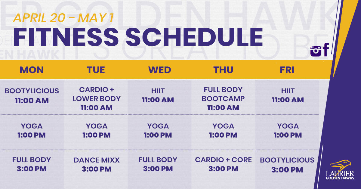 Laurier's tweet photo. 💪 Ready for some fitness and movement? Check out the @WLURecreation schedule for the next two weeks. Available on Instagram and Facebook Live 📺#HealthyHawk https://t.co/DWpjuPdqnY