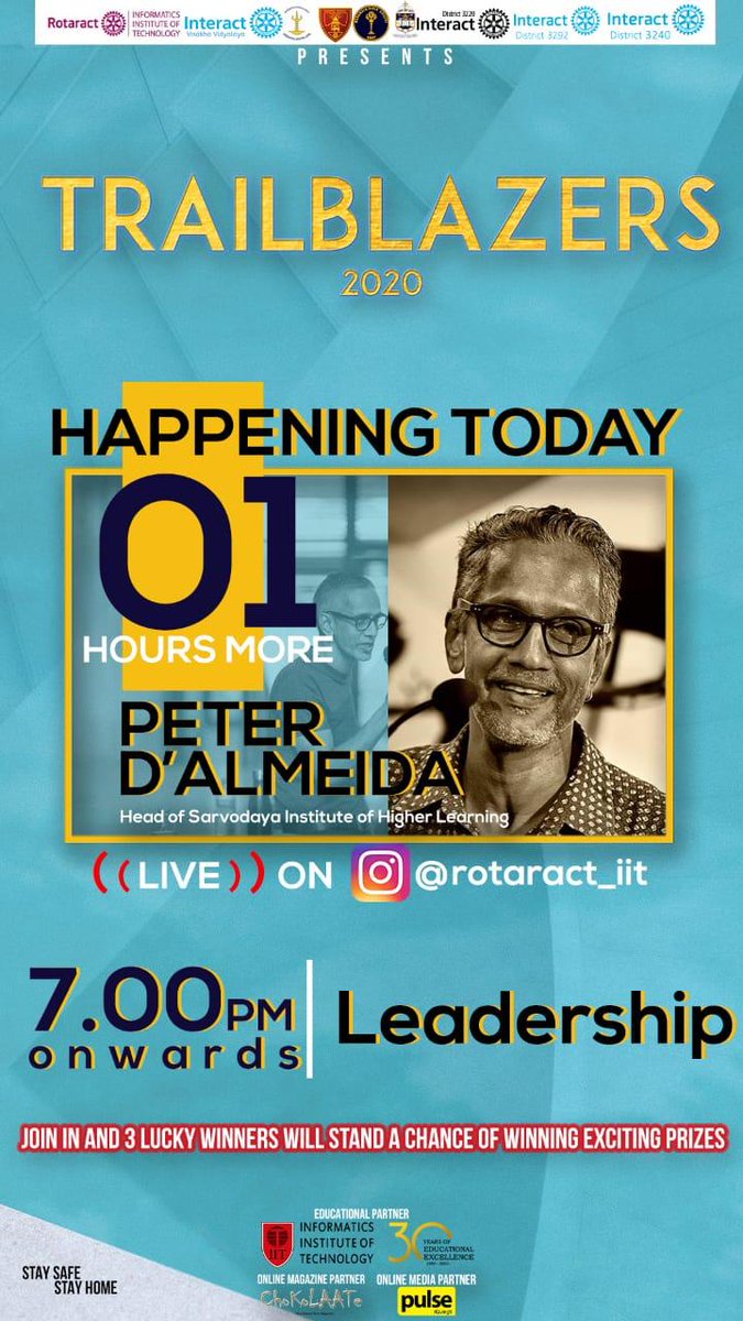 IITRotaract's tweet photo. Tune in at 7:00pm on to our Instagram page "rotaract_iit" .we will be going live with Peter De Almeida, as he speaks on Leadership!
#Rotaract #Interact3220 #Interact3292 #Interact3240
#Trailblazers #Leadership #Entrepreneurship #Teamwork #RACIIT #ICVV #ICMGCK #ICSPC #ICAC https://t.co/vEKLVdgoOg