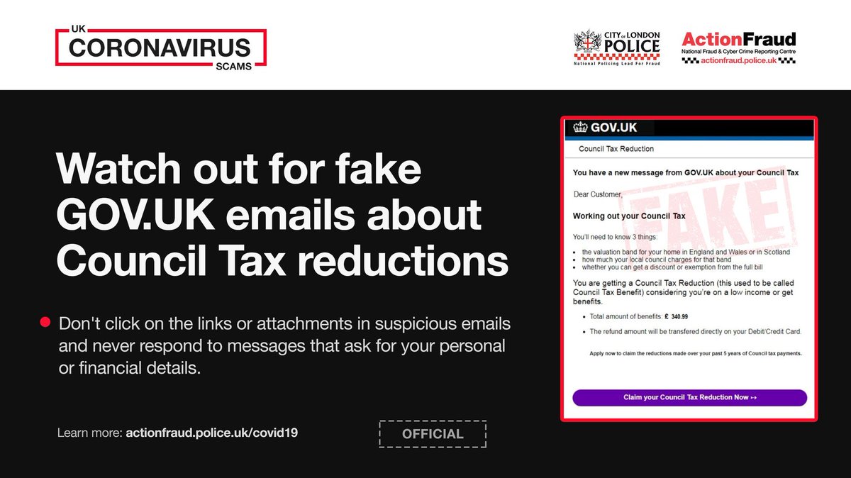 reportfrauduk's tweet photo. ⚠️ We continue to receive reports about FAKE tax reduction emails purporting to be from https://t.co/mBKhphnGQC. 

Remember, don’t respond to emails or texts that ask for your personal or financial information. #coronavirusfrauds

https://t.co/lVE036EehD https://t.co/rtSKTa7HSt