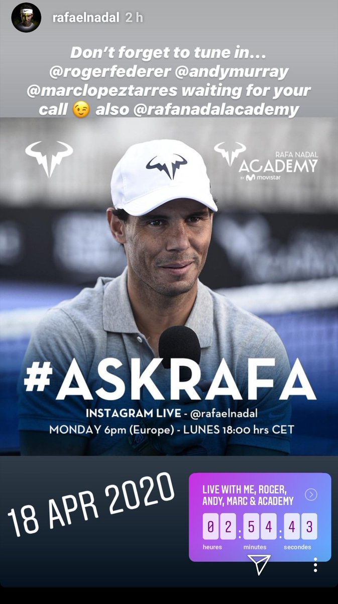 sotennis1's tweet photo. C'est du lourd. À suivre aujourd'hui sur @instagram, un live à 18H où @RafaelNadal répondra aux questions des internautes, grâce au #ASKRAFA, en compagnie de @rogerfederer, @andy_murray et @marclopeztarres. #TennisAtHome 📸@RafaelNadal https://t.co/Bf4yHGSa6S