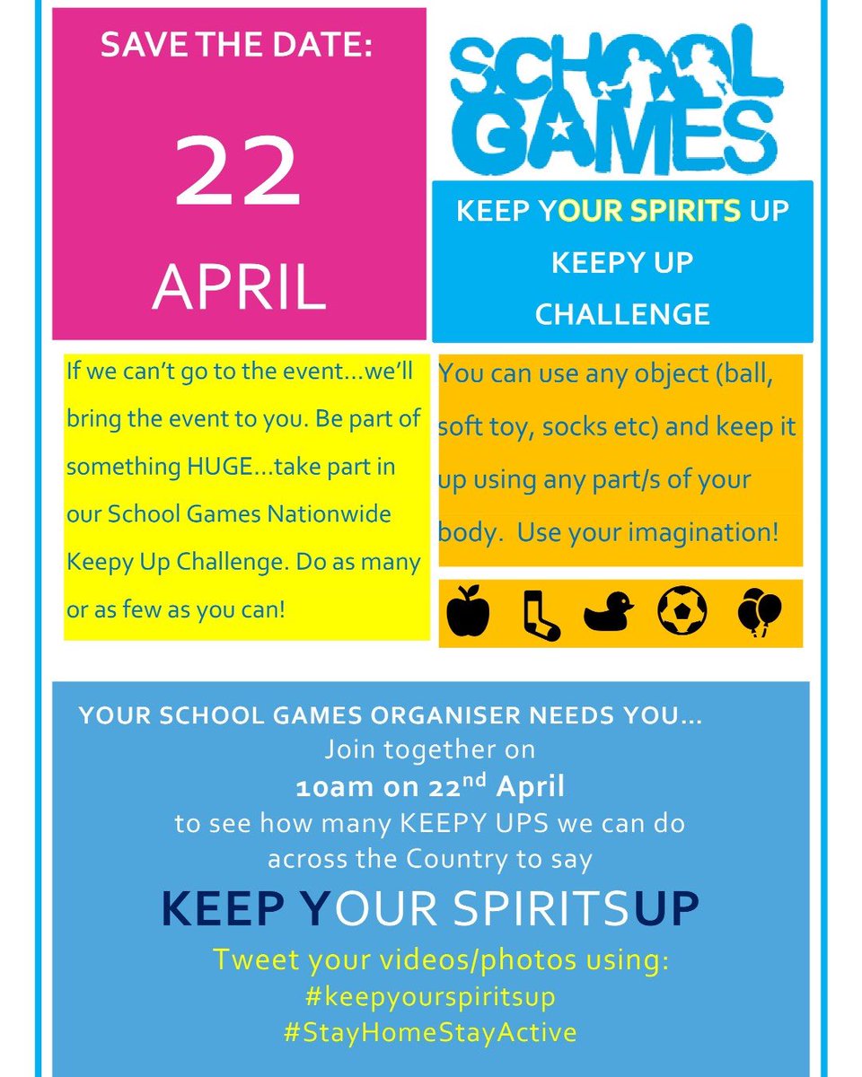 It’s the School Games Keepy Up Challenge on Wednesday 22nd April. Make sure you show off your skills at 10am
Send your photos to @yourschoolgames <a href="/westfieldSGO/">Sheffield SGO</a> <a href="/movemoresheff/">Move More Sheffield</a> with your total using
#KeepYourSpiritsUp #SheffieldSchoolsGetActive #StayHomeStayActive
#StayInWorkOut