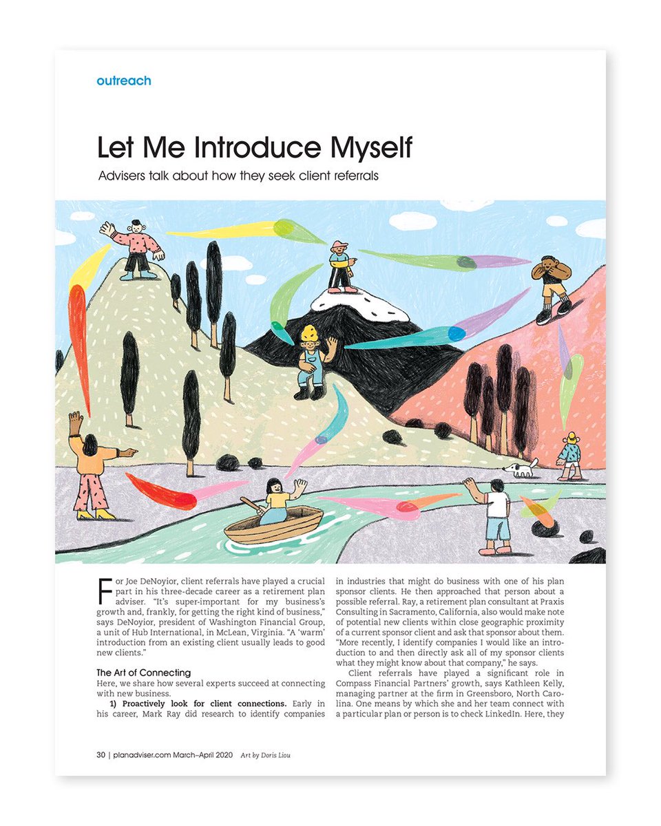 sbuzelli's tweet photo. Art by @doris_liouu for #PLANADVISER Mar/Apr 2020 “Let Me Introduce Myself” Outreach story.
***
Image: Spreading the word / getting referrals.
***
#editorialillustration #illustration #artdirection #PAMA20 https://t.co/pvv3QZQg0q