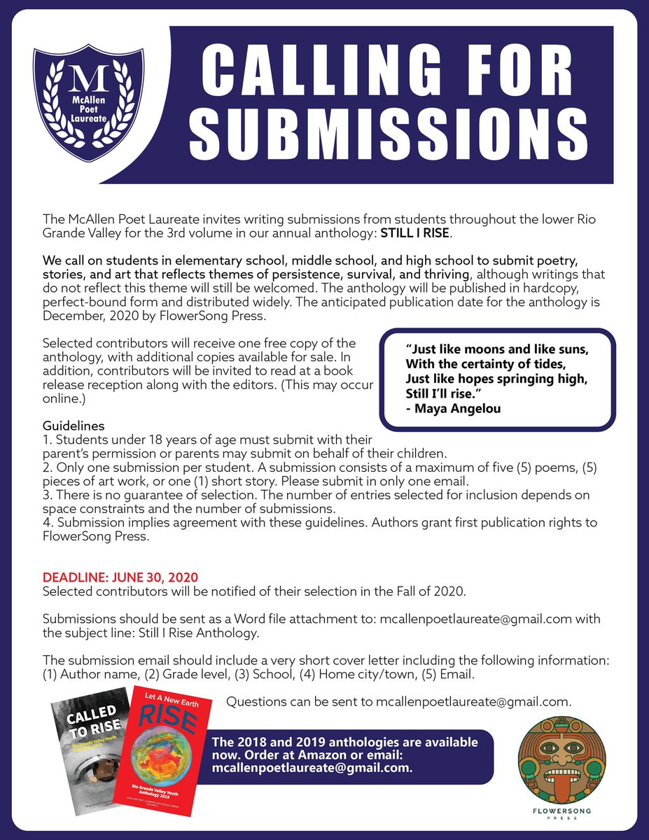 FlowerSongPress's tweet photo. Parents, librarians, teachers, friends, family, all who have children here in the Rio Grande Valley! Do you have a youth poet in your family? Check out this great opportunity for them to be published in the the 3rd volume of the McAllen Poet Laureate Youth Anthology: Still I Rise https://t.co/RJhZiCOaA6