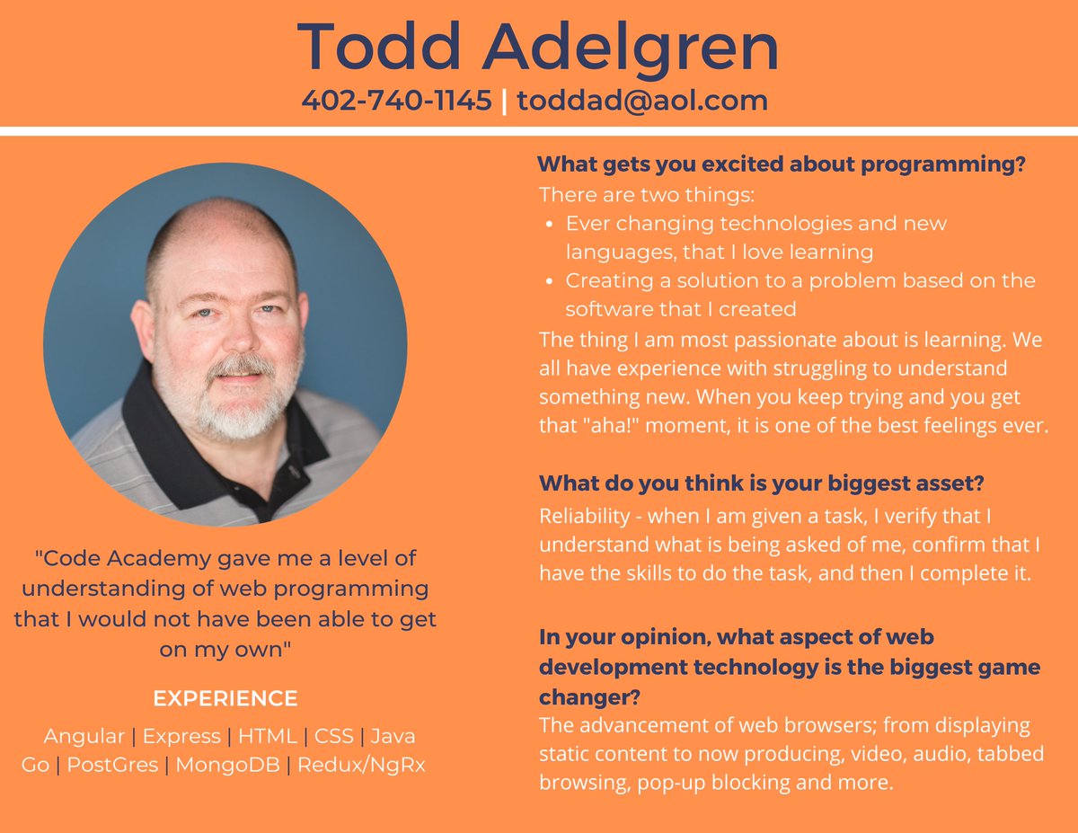midlandcode's tweet image. Todd is a recent grad from Midland's #CodeAcademy, looking for his opportunity in tech. He has 30+ years experience with the full software dev life cycle: gathering, designing, coding, testing, deployment & maintenance!
code.MidlandU.edu
#HireACoder #MidlandU