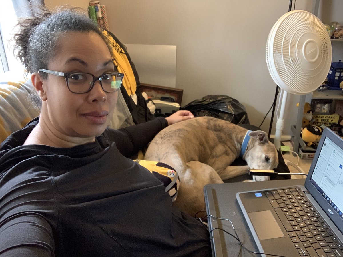 ms_scott_5ela's tweet photo. Finally using the office instead of the kitchen. While I wait for my chair to arrive, the futon has to do. Coworker approves... @RPCS369 @debraprinc @debraprinc @twesley777 #distancelearning #Springbreakover #TeachFromHome #greyhounds https://t.co/3OktYI1dMC