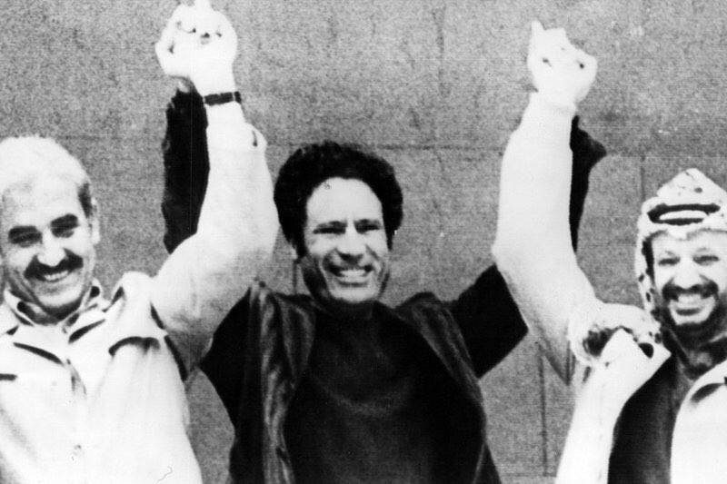 On the one hand Gaddafi tries to continuously implement unions between  #Libya and other  #Arab countries and also a  #revolutionary guerilla front with  #Arafat and  #PFLP’s  #Habash etc.