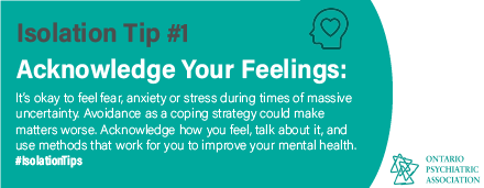 OntPsychAssoc's tweet image. This week, we're starting a series of #IsolationTips . Today's tip is to acknowledge your feelings about this uncertain period - we are #AloneTogether. mentalhealthcovid19.ca is an excellent resource that offers ways to improve mental health