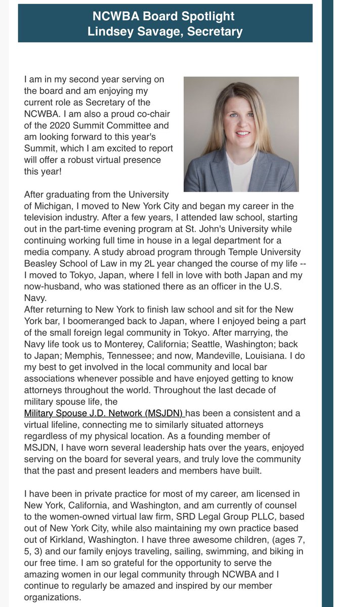 MilSpouseJD's tweet photo. Check out Lindsay Savage, Secretary of the @NCWBA and MSJDNer, sharing her story in the April NCWBA newsletter. #ncwba #milspouse #militaryspouseattorney #MSJDN #whyIMSJDN https://t.co/eICWYgYKMH