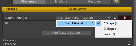 rtyper1's tweet photo. @MegaMileyMakes You basically set up any number of material properties with names and a default texture, then add additional texture options to them (first screenshot). All the options you add then show up in the LipSync component, where you can add them to the phoneme poses like blend shapes. https://t.co/rhGlfm2wlH
