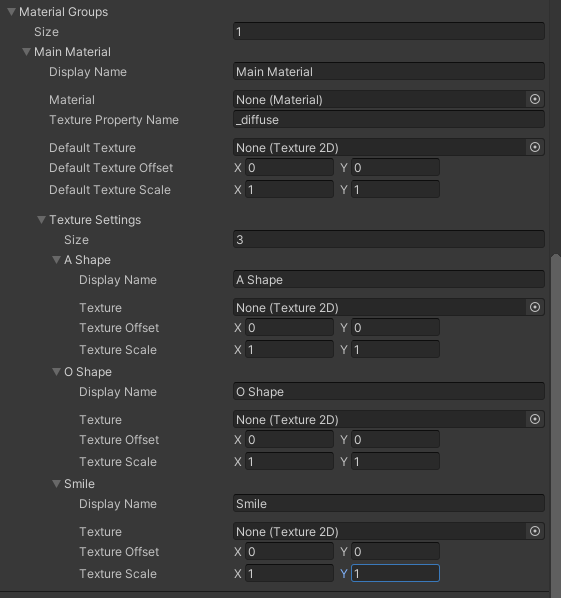 rtyper1's tweet photo. @MegaMileyMakes You basically set up any number of material properties with names and a default texture, then add additional texture options to them (first screenshot). All the options you add then show up in the LipSync component, where you can add them to the phoneme poses like blend shapes. https://t.co/rhGlfm2wlH