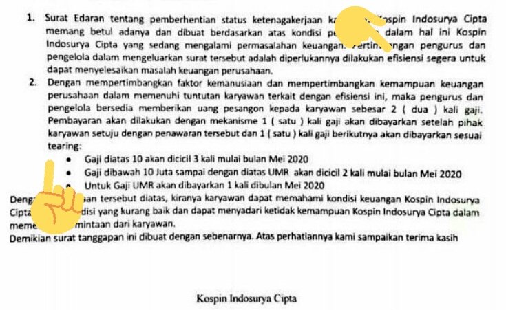 rizafebryati's tweet photo. "EFISIENSI" yahhh???
Udah jelas donk berarti dapat 2x PMTK @Indosurya_ID 

Kenapa malah cuma 2x gaji dan di cicil??? 😂😂😂

@KemnakerRI 
@KemenkopUKM 

#IndosuryaSimpanPinjamPHKSepihak
#IndosuryaPHKSepihak
#IndosuryaBeri2xPMTKHargaMati https://t.co/LK6sHvrZwO