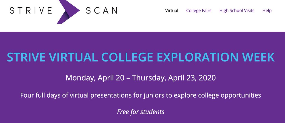 10th and 11th graders @VHHSRebels!  Check out <a href="/StriveScan/">StriveScan</a> Virtual College Fair (4/20-23), over 300 colleges and 90+ college sessions on topics like: Financial Aid, Applying Test-Optional, Selecting a Major, The College Essay, Selective College, R1 Research Colleges, &amp; many more!