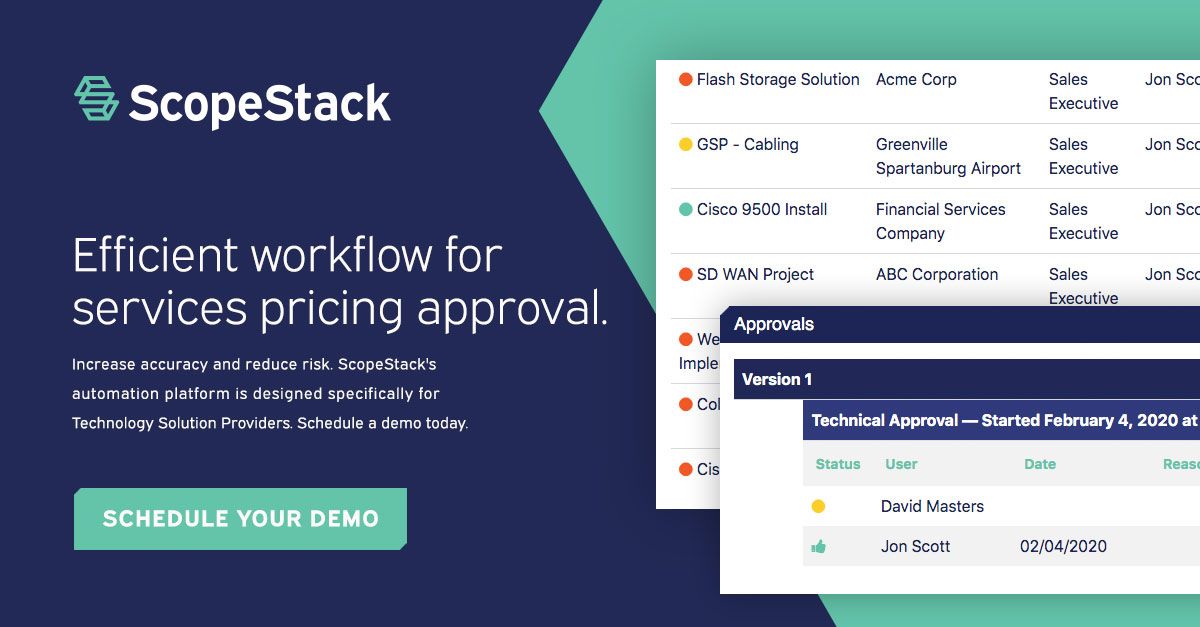 scope_stack's tweet image. Efficient workflow for services pricing approval - Increase accuracy and reduce risk. ScopeStack's automation platform is designed specifically for Technology Solution Providers. Schedule a demo today. buff.ly/2XQs91V