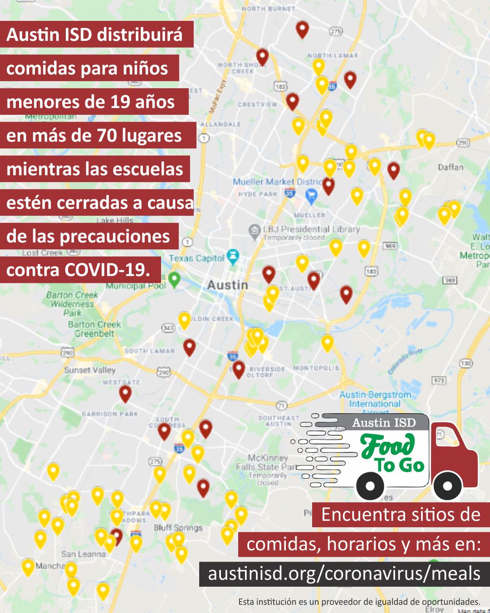 <a href="/VivaZavala/">Viva Zavala</a> as a reminder, FREE meals are available to children under the age of 19 at a bus stop at your school around 11:25 a.m., Monday-Friday. Weekend meal packages resume on Friday 4/24. Find meal service sites, times and more info: austinisd.org/covid19/meals