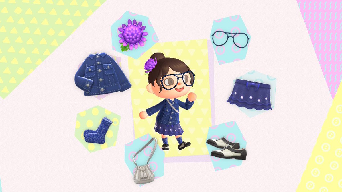 I built this one around the pearl skirt, which I've wanted to wear for a while, and it pairs great with the denim jacket and those mixed-tweed socks. Wingtip shoes, double-bridge glasses, and a pleather fringe bag keep it classy, and it's topped off with a purple mum!