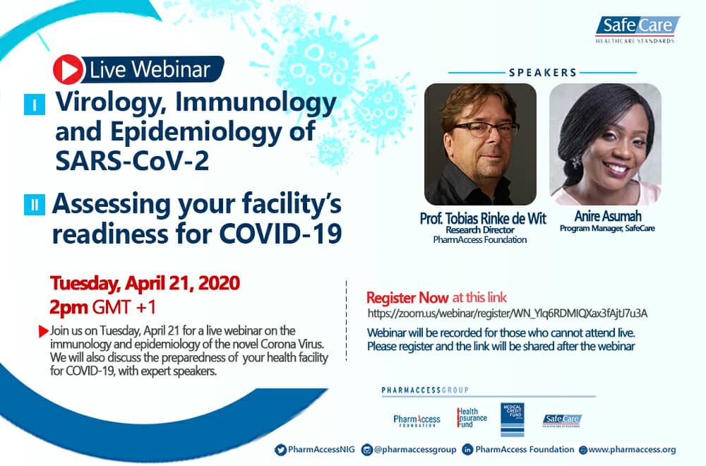 PeggyImoniovu's tweet photo. How prepared is your facility? What do you really know about the virus? Please join us tomorrow by 2pm. @PharmAccessNIG @PharmAccessOrg @nighealthwatch
#COVID19 #beprepared #letslearn https://t.co/o6WxnCtyuZ