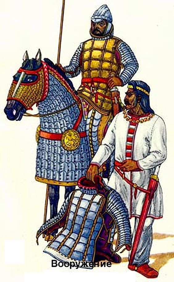 Drawing of Kushan heavy infantryman and cavalry. I am very wary of these sort of illustrations still like them for some reason.