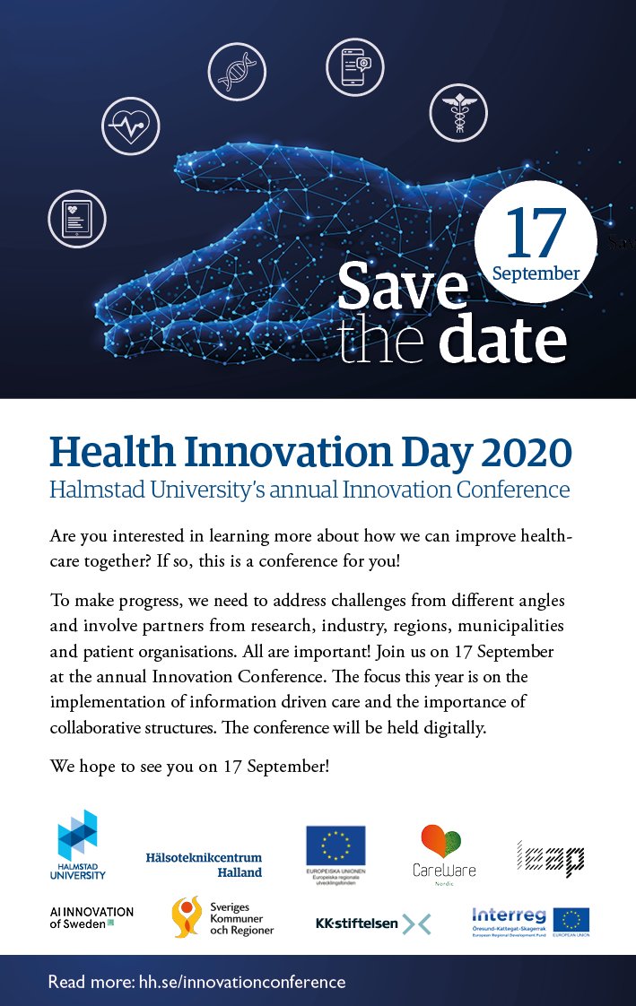 Welcome to Health Innovation Day 2020. Save 17 September in your calendar and join us for a day filled with inspiration and innovation. Read more at hh.se/innovationconf…