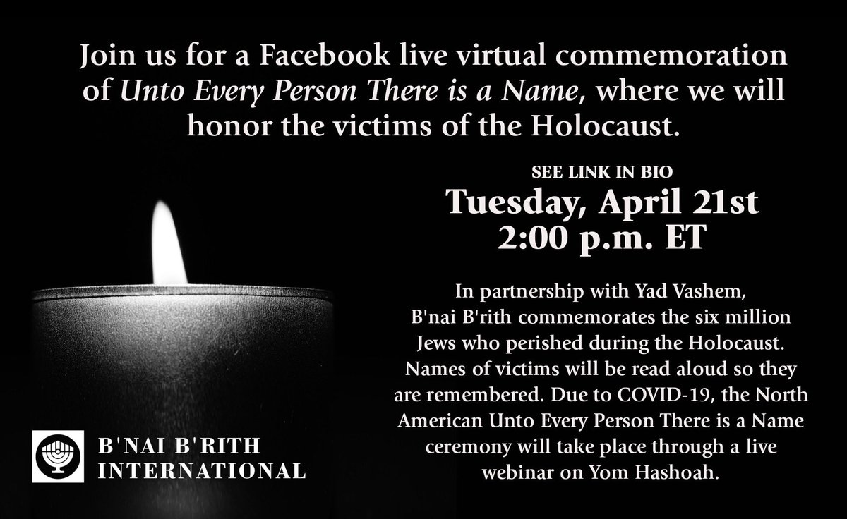 BnaiBrith's tweet photo. Join us tomorrow at 2:00 p.m. ET on Facebook Live. Link in bio.
#NeverAgain #TogetherRemember #UntoEveryPersonThereIsAName https://t.co/PhAWUeUVQc