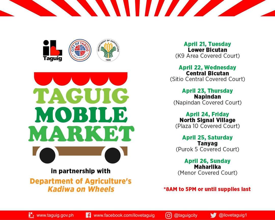 IloveTaguig1's tweet image. Para sa mga minamahal naming Taguigeño, narito po ang schedule ng Taguig Mobile Market sa inyong mga barangay bukas at sa mga susunod pang araw: 

April 21 - Lower Bicutan (K9 Area Covered Court)

April 22 - Central Bicutan (Sitio Central Covered Court)