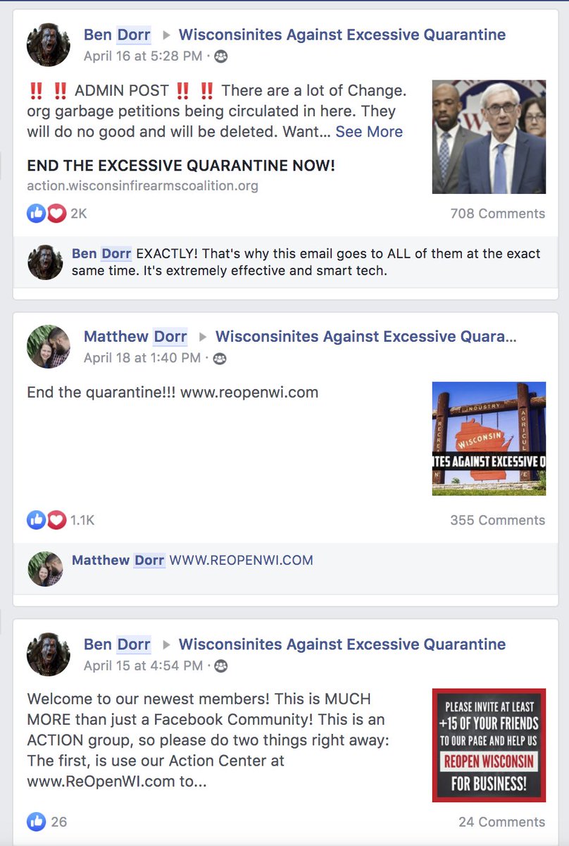 Also it appears the Dorr family found me and kicked me out of the PA group. But their other FB assets are still up. They've got state-specific petitions for every group. They're promoting one of their "reopen" domains in the WI group as well as one of their "gun rights" FB pages.