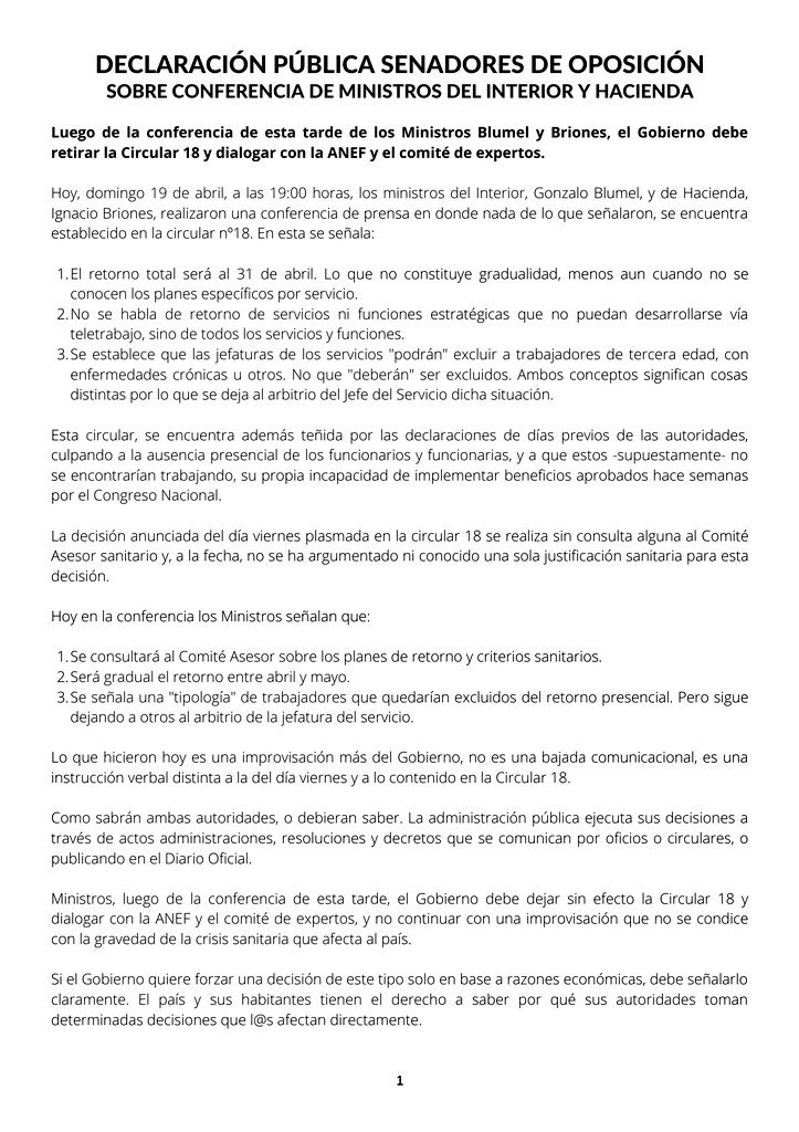 pizarrosenador's tweet photo. #CrisisSanitaria @GobiernodeChile debe dejar sin efecto #Circular18 y dialogar con @anefchile y comitรฉ expertos. Si se quiere forzar โNva normalidadโ en base a razones econรณmicas, debe seรฑalarlo claramente. ๐จ๐ฑ tiene Derecho a saber razones de este tipo de decisiones. @eldia_cl https://t.co/Bg0SjRtXWu