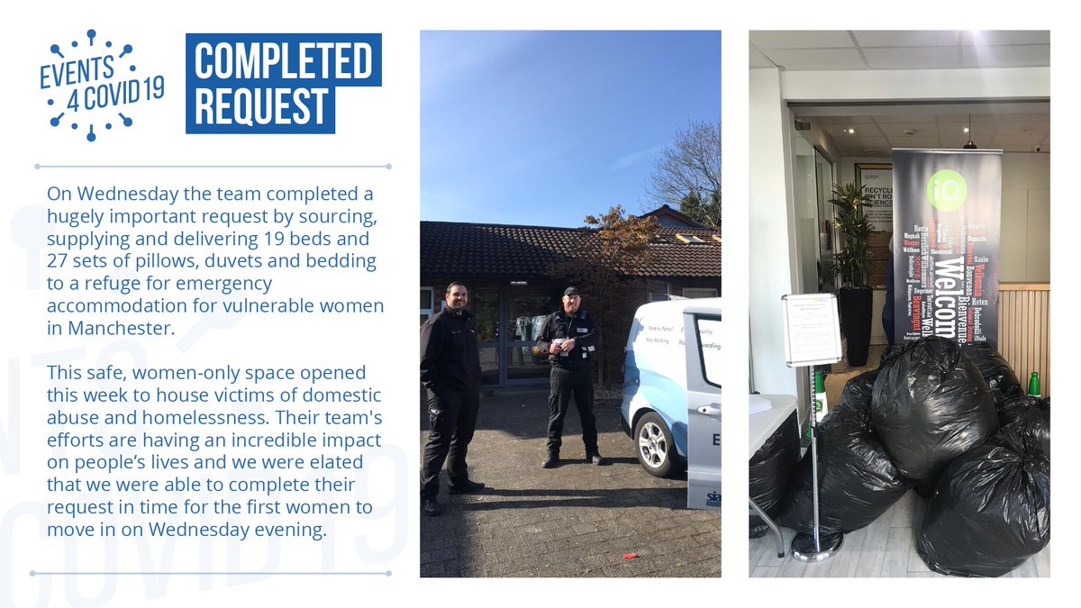 events4covid19's tweet photo. Last week the team completed a hugely important request from @greatermcr by providing essential items to a refuge for emergency accommodation for vulnerable women in Manchester. Big collective effort from @bunkabin @iQstudents @CityCo @ExcluSec #eventsforcovid19 #FRONTLINE 💙 https://t.co/BQGru0kqoC