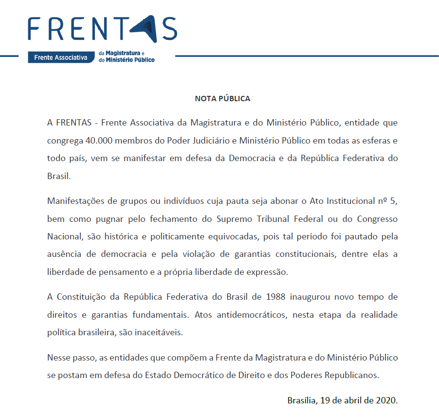 frentas_brasil's tweet photo. A FRENTAS - Frente Associativa da Magistratura e do Ministério Público, entidade que congrega 40.000 membros do Poder Judiciário e Ministério Público em todas as esferas e todo país, vem se manifestar em defesa da Democracia e da República Federativa do Brasil. https://t.co/lyZ74Rk9zF