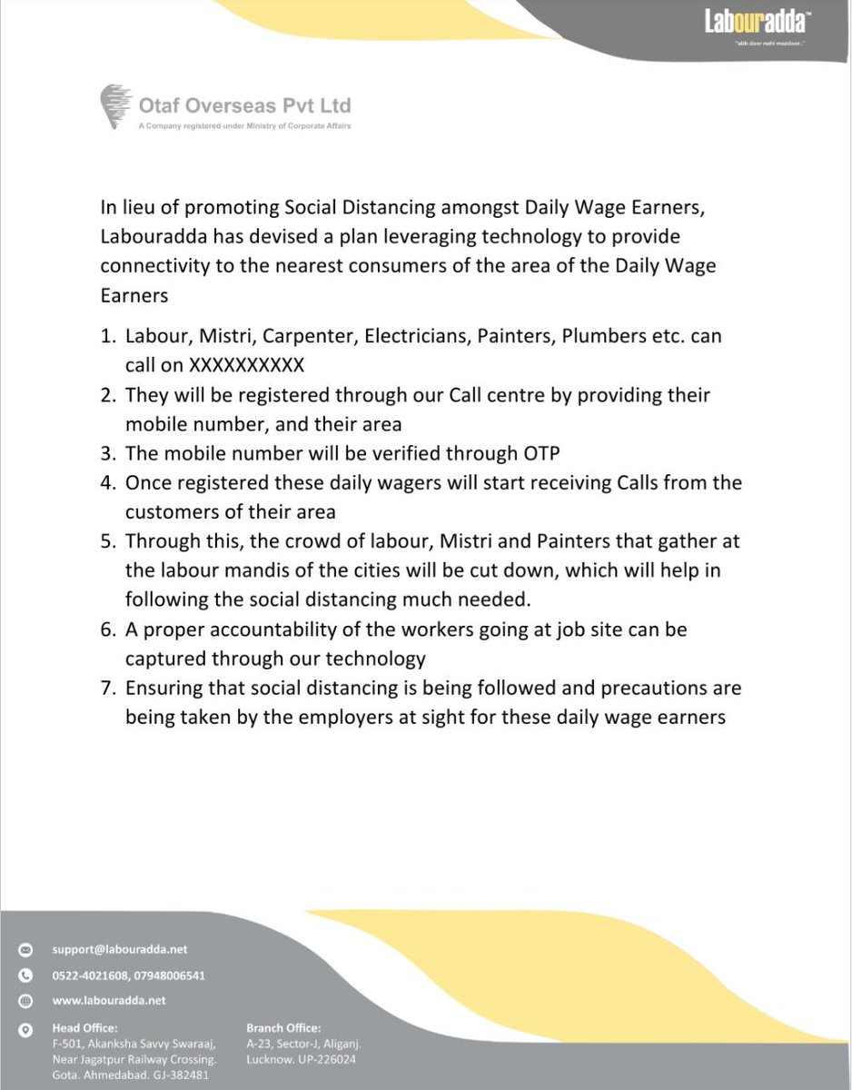 Labouradda's tweet photo. @narendramodi @myogiadityanath @CMOfficeUP @AdminLKO we from https://t.co/kWpexUtYHz have devised a unique &amp; simple process using our software to enable employment &amp; ensure #SocialDistancing  for #Labour #dailywagers in states. Need @BJP4UP support to help #Labour https://t.co/CCWmWhyRT9