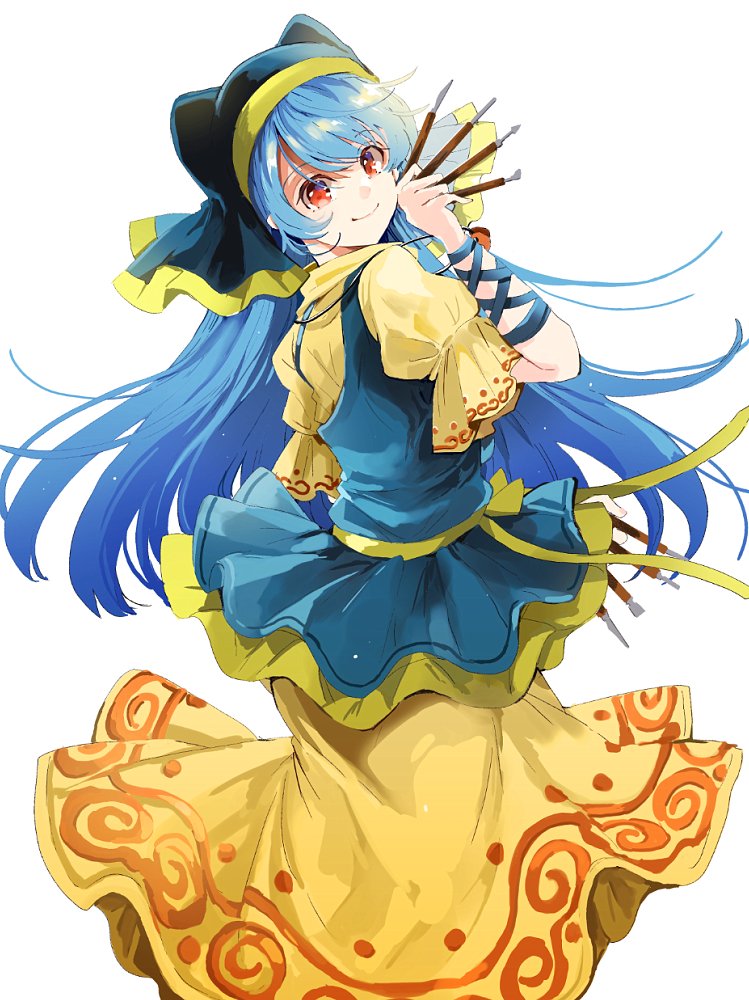 haniyasushin keiki 1girl solo blue hair long hair white background yellow dress smile  illustration images