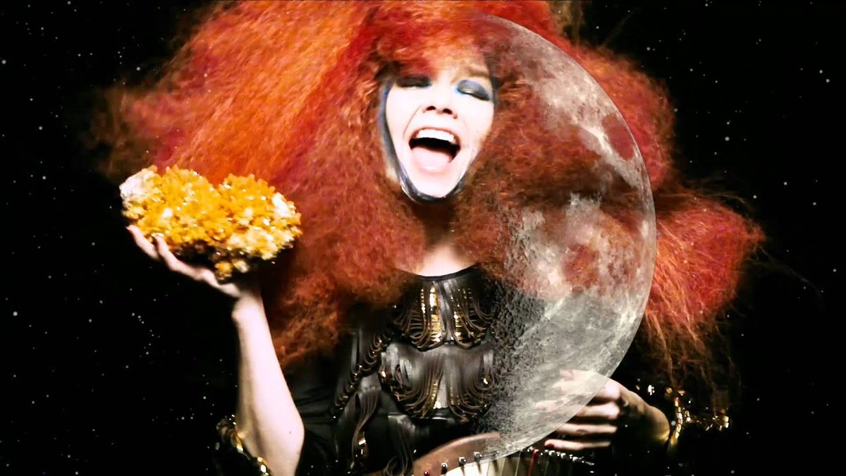 Moon (2011)A video shot during the photoshoot for the Biophilia album cover features the singer performing the song in a dress by Iris van Herpen & seemingly executing the song melody on a harp belt. Various graphics are juxtaposed with the video, including various lunar phases